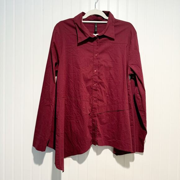 Porto Tops - Porto Maroon Asymmetrical Button Up Shirt Lagenlook Cotton Size 10